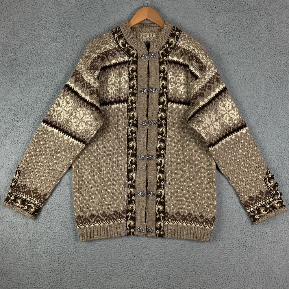 A.S Evebofoss Cardigan Size 56 Tan Pure New Wool Nordic Clasp Heavy Knit Sweater